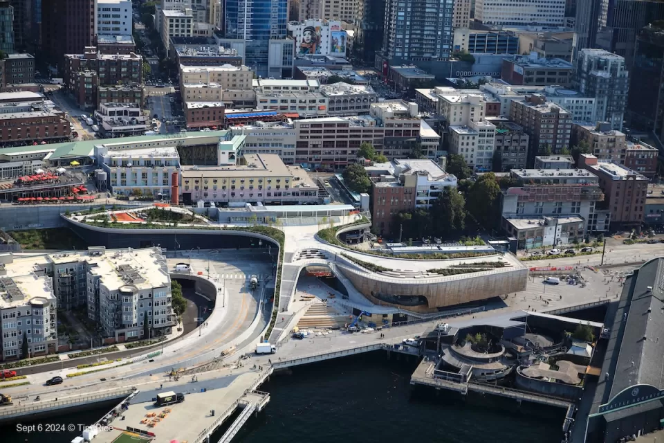 Aerial view of Overlook Walk cap park over former Alaskan Way Viaduct in Seattle, Washington.
